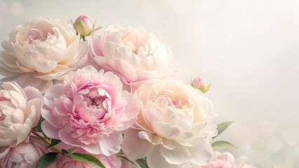 Soft pastel pink peony flowers on a delicate white background, subtle color palette, elegance