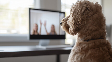 A dog joining a video call with a team in a home office