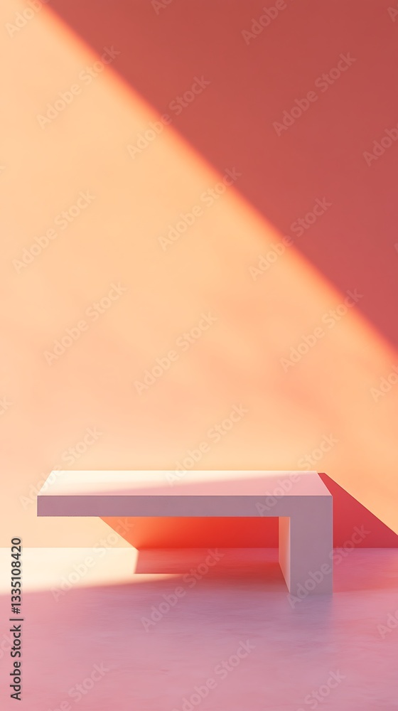 Poster minimalist product display platform with warm peach background and sunlight