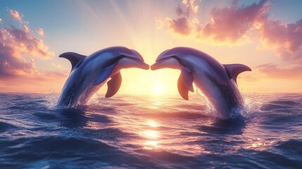 Fototapeta premium A stained glass design features two dolphins making a heart shape, backlit by a magnificent sunset, symbolizing love and unity