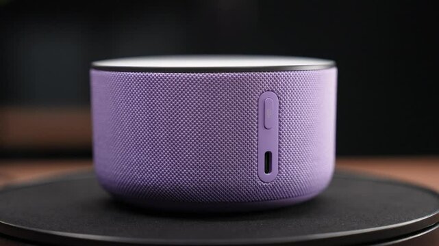 Moscow, Russia - March 13, 2025:Purple Yandex Station Mini 3 Rotating on Black Stand