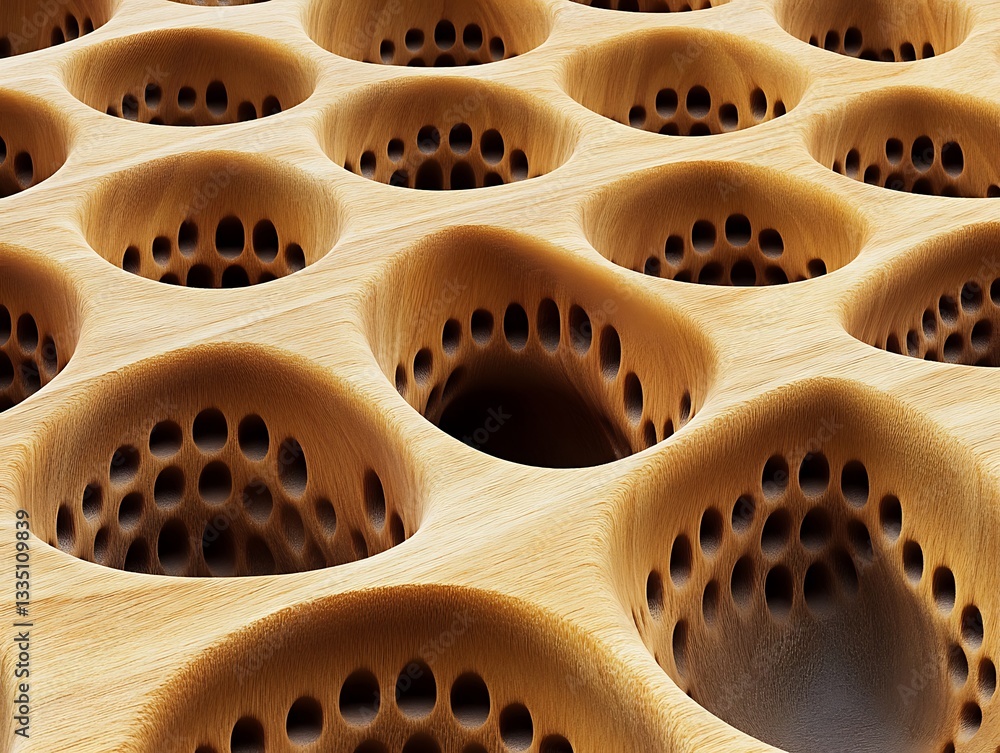 Aufkleber complex wooden structure with repeating cavities and intricate hole pattern