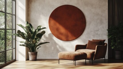 Modern living room, armchair, round art, sunlight, plants, relaxing