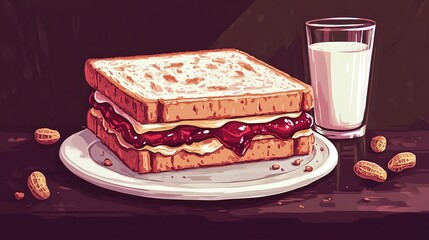 A classic peanut butter and jelly sandwich with a glass of milk on National Peanut Butter and Jelly Day, surrounded by some peanuts on a dark background.