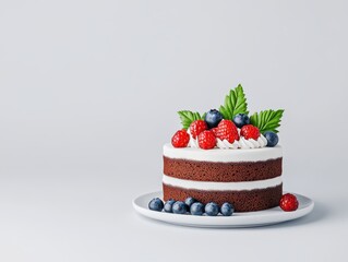 Delicious chocolate cake decorated with fresh berries on a simple white background