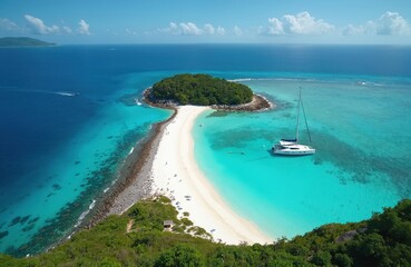 Aerial view of tropical island with white sand beach, blue ocean lagoon. Catamaran yacht moored near shore. Green foliage and rocks. Summer vacation destination. Exotic travel adventure holiday.