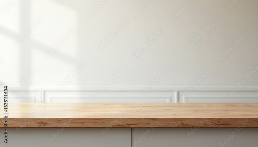 Poster empty wood tabletop counter in bright interior with clean white wall background. modern minimalist d