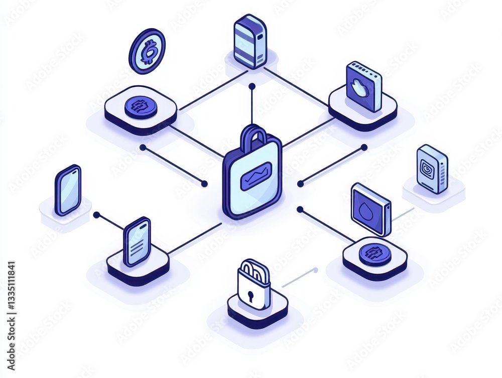 Poster digital security concept with interconnected devices and a central lock symbol