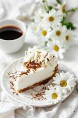 Elegant White Chocolate Cheesecake with Coffee and Daisies