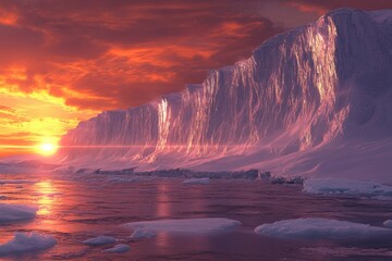 Fototapeta premium Twilight casts a brilliant glow on the polar landscape, illuminating ice formations and reflecting colors in tranquil waters