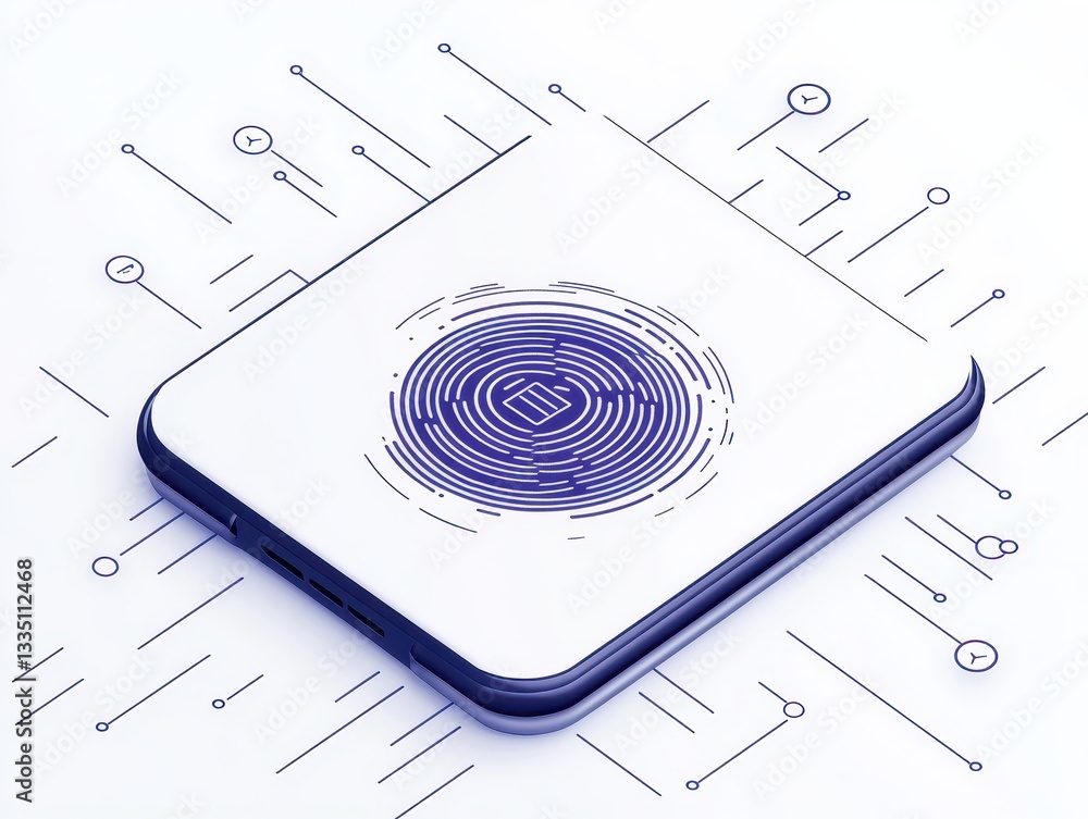 Poster modern smartphone with fingerprint scanner surrounded by digital circuits
