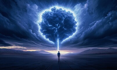 Fototapeta premium A figure walks toward a brain-shaped cloud of energy in a stunning, surreal landscape.
