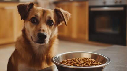 Curious dog looking at bowl of kibble in kitchen
