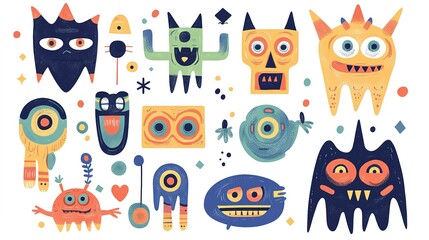 Set of colorful funny shape element vector. Collection of cartoon characters, cute doodle dawn, geometric, organic shape with fun eye. Design for decorative, sticker, toys and kids.