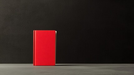 A red book standing upright on a gray surface.