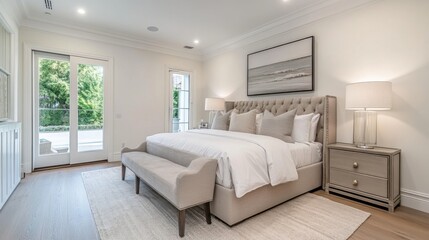 Fototapeta premium Serene Bedroom with Clean Lines and Soft Lighting