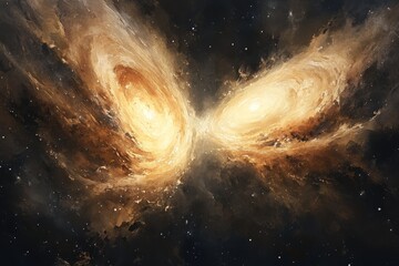 Obraz premium Celestial Dance Watercolor Galaxies - A cosmic ballet of two swirling galaxies, symbolizing creation, destruction, unity, infinity, and transformation. Vast, ethereal, and breathtaking