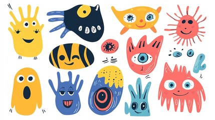 Obraz premium Set of colorful funny shape element vector. Collection of cartoon characters, cute doodle dawn, geometric, organic shape with fun eye. Design for decorative, sticker, toys and kids.