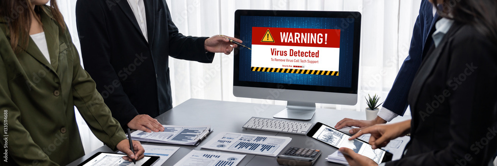 Poster virus warning alert on computer screen detected brisk cyber threat , hacker, computer virus and malw