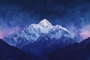 Celestial Peak Watercolor - A serene watercolor painting of a snow-capped mountain peak under a starlit night sky. Symbolizing peace, tranquility, aspiration, nature's majesty, and the sublime