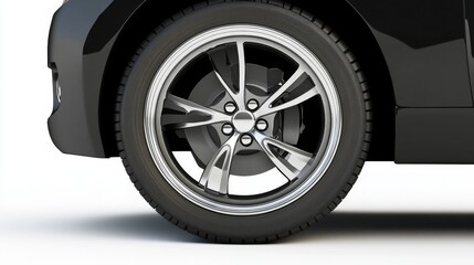 Obraz premium Close-up of modern car wheel with alloy rim and tire on black vehicle