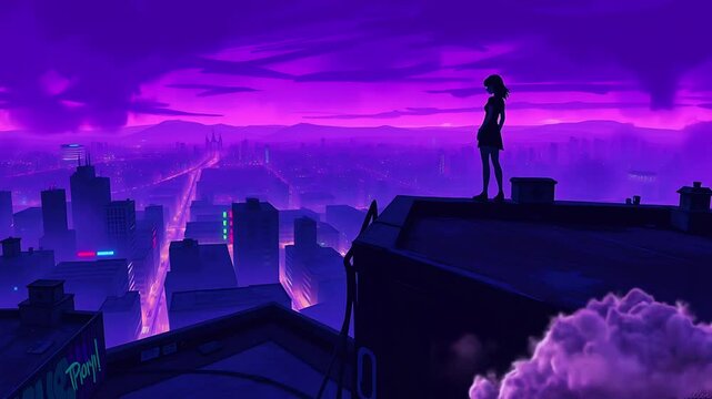 A lone girl silhouetted against a vibrant purple cityscape at twilight, with a lightning strike in the distance, Seamless looping time lapse animation video background, lo-fi art