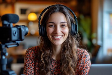 Woman with a warm smile participates in podcasting, showcasing excitement in a comfortable cafe atmosphere filled with natural light