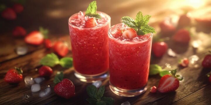 Refreshing strawberry mint mocktails with ice on a wooden table in warm afternoon light