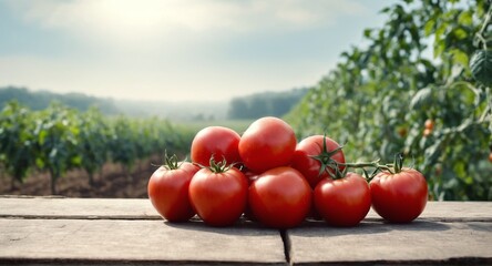 Fresh tomatoes on table, field in background. Harvesting vegetables