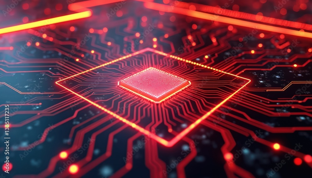 Poster Hi-tech glowing red computer chip with circuit lines on dark background. Abstract microchip wallpaper for tech, AI, cyberspace, blockchain, data processing innovative projects.