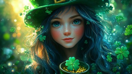 female leprechaun with a pot of gold