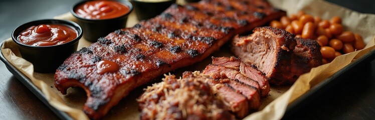Close-up of BBQ platter with ribs, pulled pork, baked beans and sauce. Delicious smoked meat for lunch. Traditional barbecue food like glazed ribs in BBQ sauce.