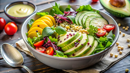 Gluten-Free Healing Meals.Fresh gluten free salad with vibrant vegetables and greens