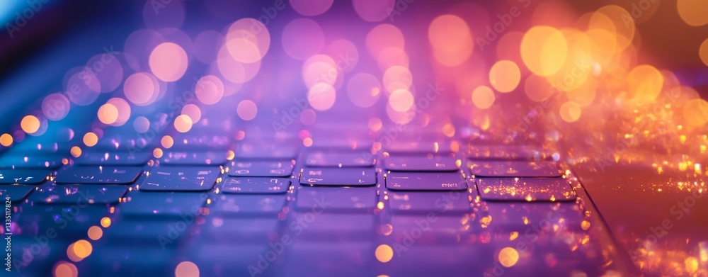 Poster a dynamic, close-up image of lit tiles with colorful reflections, displaying a fusion of purple and 