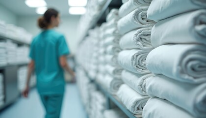 Healthcare professional in scrubs walks past folded white linens in hospital. Cleanliness, order in healthcare setting. Sterile environment with neatly stacked white care textiles. Good for marketing