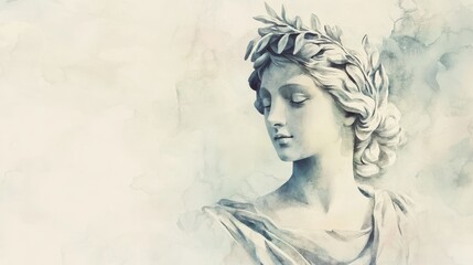 Serene Watercolor Bust of a Noble Woman - A minimalist watercolor painting of a marble bust, symbolizing grace, serenity, wisdom, nobility, and classic beauty