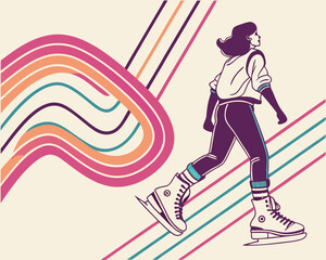 Retro Ice Skater Girl. Vector illustration of a stylish young woman in retro outfit ice skating with colorful abstract stripes in the background. Vintage-inspired design with dynamic motion.
