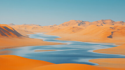 Naklejka premium A panoramic view of an endless desert, with a single shimmering river snaking through the dunes. The contrast between the rich blue water and the golden sands creates a surreal, dreamlike quality.
