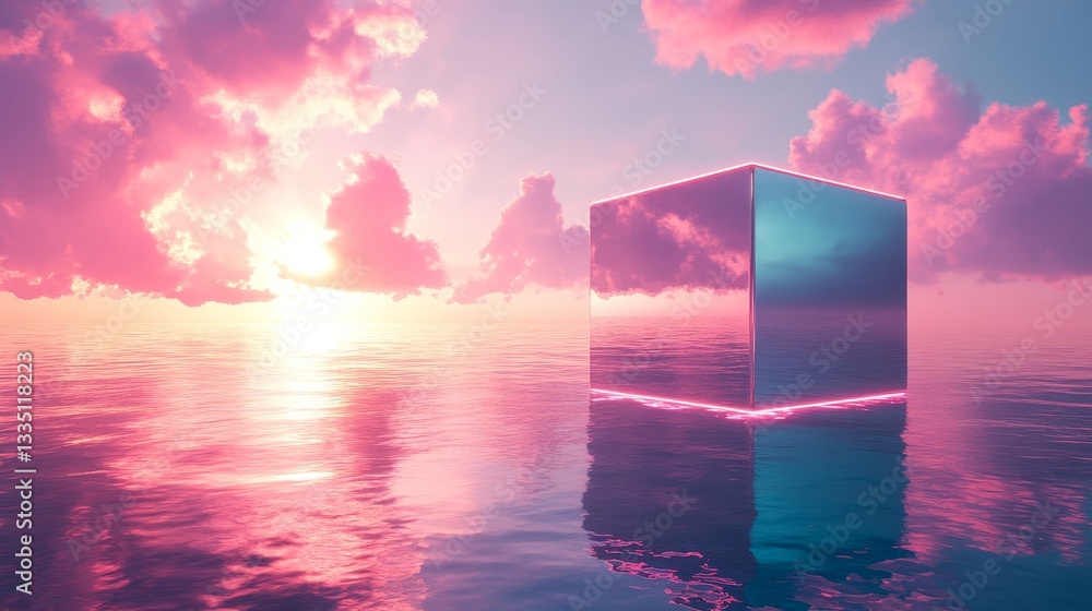 Poster sunset cube reflection - a futuristic cube floats serenely on tranquil waters, reflecting a vibrant 