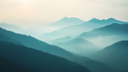 Fototapeta premium Misty Mountain Range Landscape with Blue Hues and Atmospheric Perspective