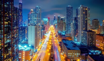 Obraz premium A night-time cityscape with glowing lights, skyscrapers, and bustling streets, symbolizing urban energy and excitement