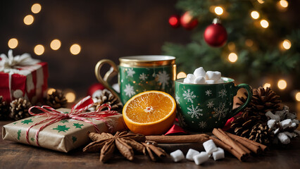Fototapeta premium Classic Christmas Celebration Elements – A Stunning Stock Photography Collection of Festive Decorations, Gifts, Candles, and Holiday Accessories.