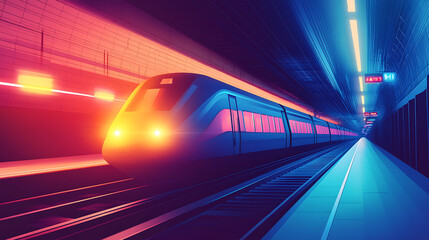 Futuristic high-speed train entering a vibrant underground station with colorful lights and motion blur