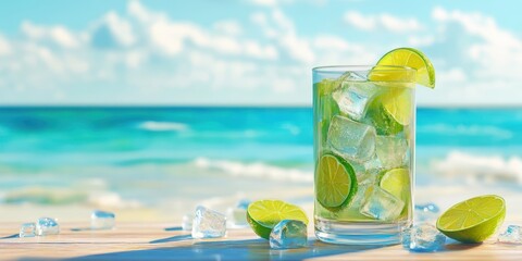 Refreshing lime-infused beverage sits on a wooden table by the tranquil beach under a bright blue sky