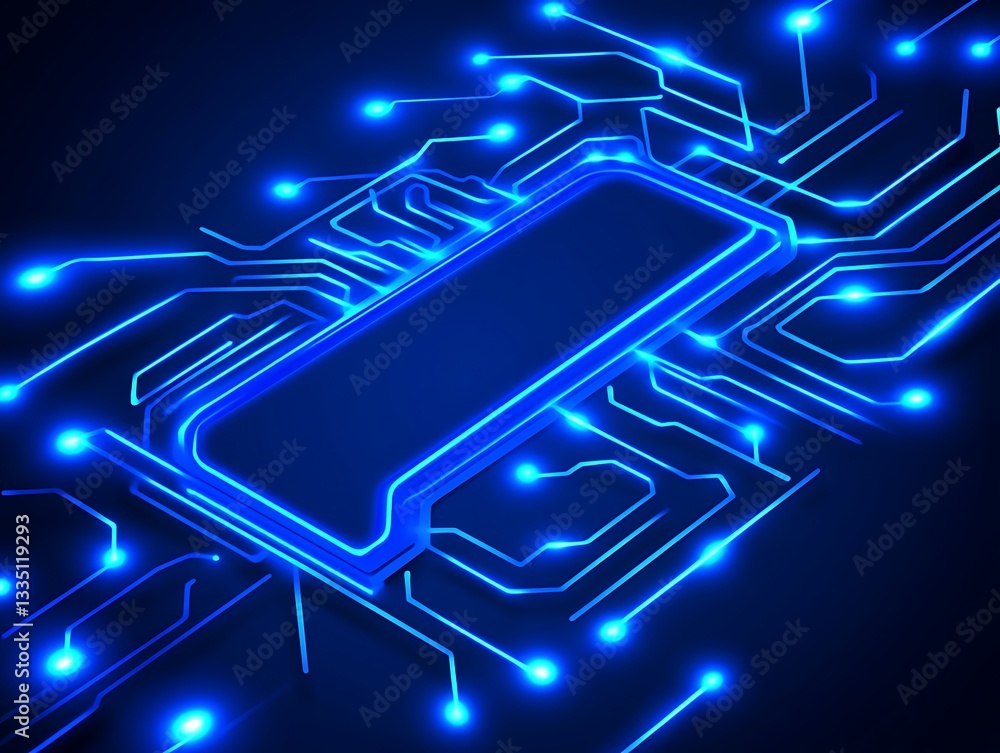 Poster futuristic microchip glows on a dark background with circuit patterns