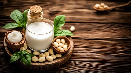 Delicious Macadamia Nut Milk Glass Bottle Wooden Tray