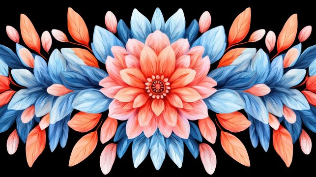 A vibrant floral arrangement composed of pink, orange, blue, and white flowers and leaves.