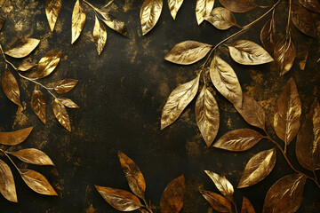Golden leaves on a dark textured background frame view