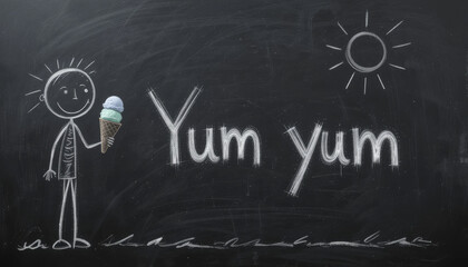 chalk drawing on blackboard shows smiling stick figure holding ice cream cone with words Yum yum and sun in background