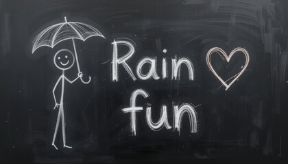 chalkboard drawing features stick figure holding umbrella, with words Rain fun and heart symbol, conveying playful and cheerful mood